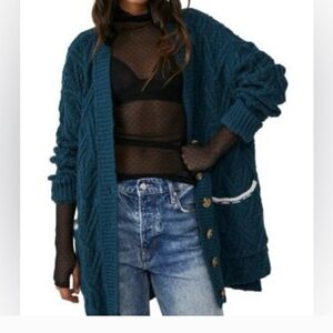 Blue Long Cardigan Sweater with Open Front and Full Length Sleeves